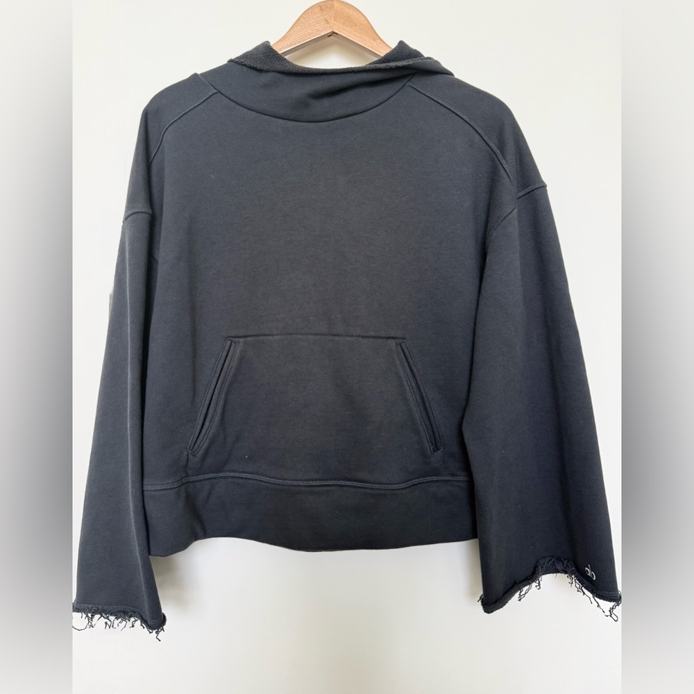 ALO Yoga Black Cropped Hoodie with Distressed Hem